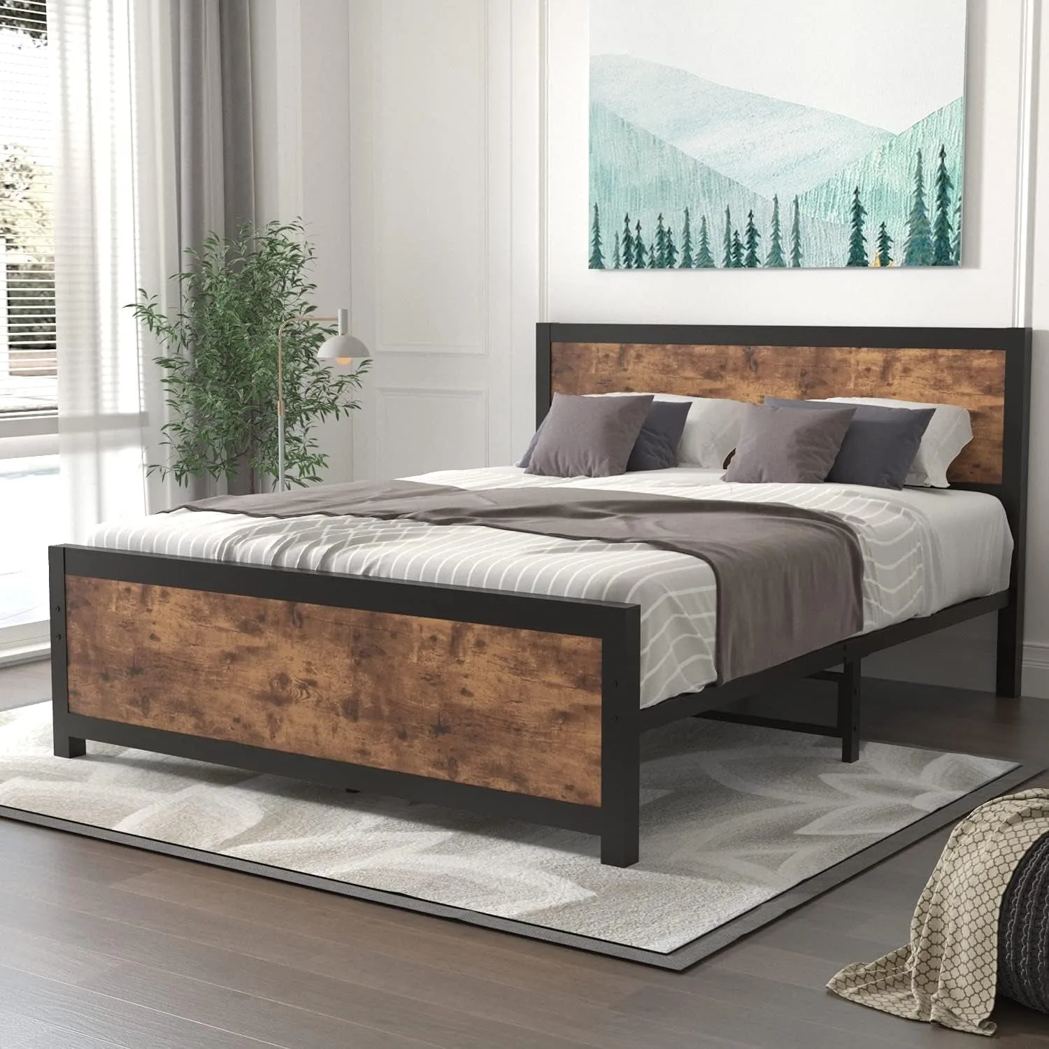 Queen Bed Frame with Headboard | Rustic Brown