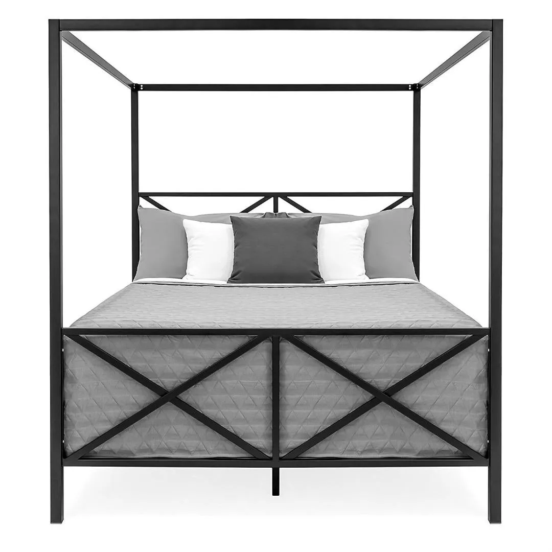 Queen size 4-Post Canopy Bed Frame in Black Metal Finish