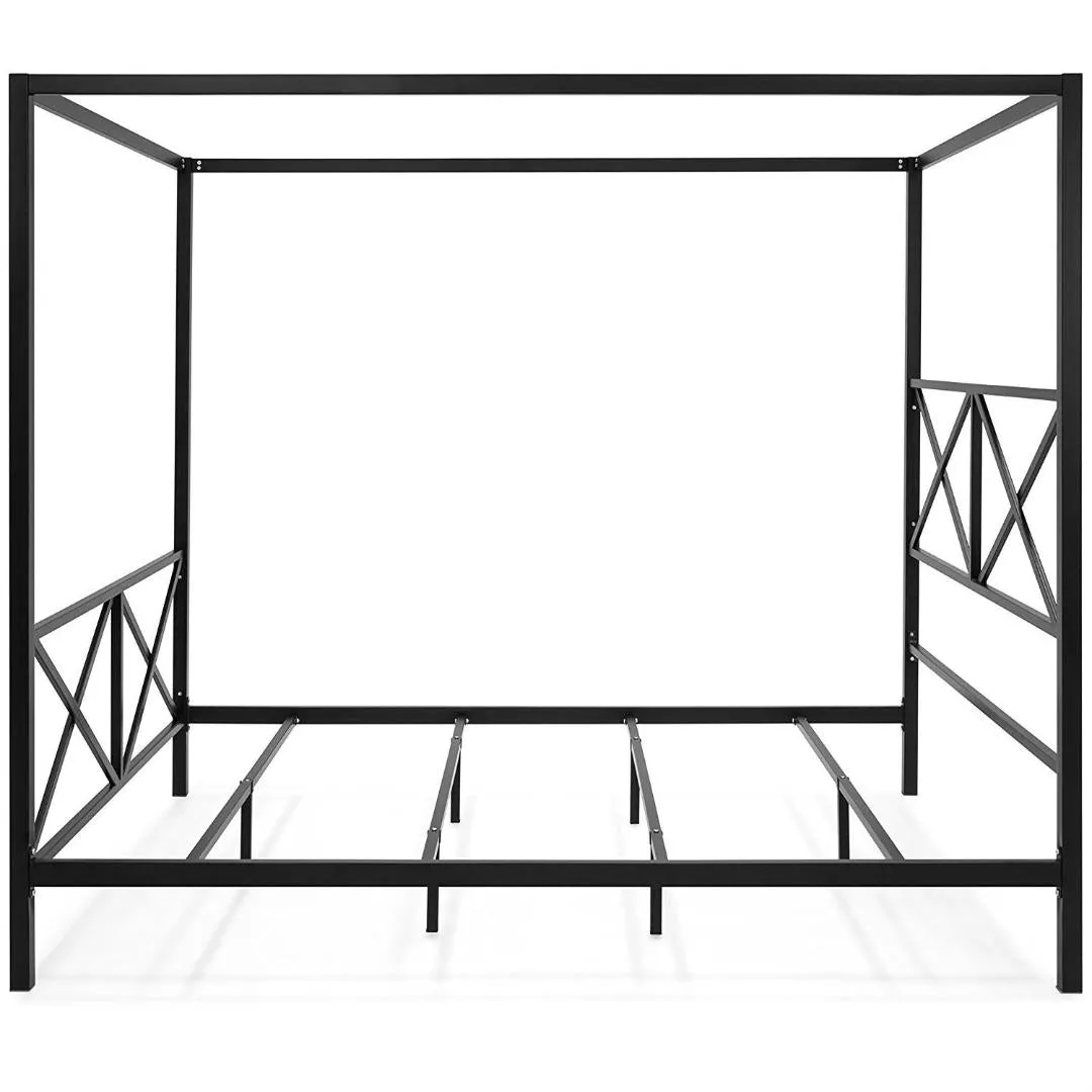 Queen size Modern Industrial Style Canopy Bed Frame in Black Metal Finish