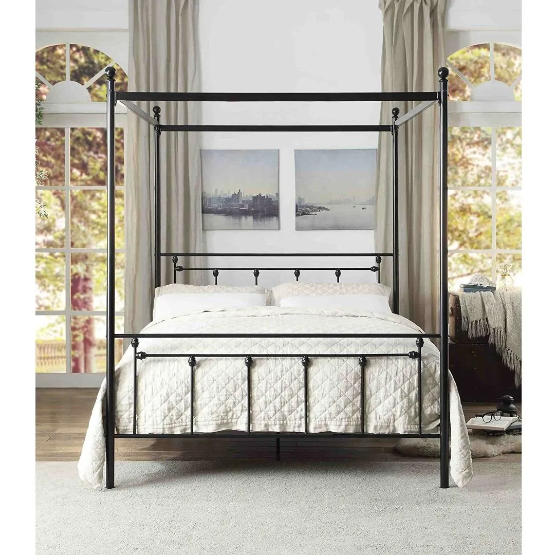 Queen Sturdy Metal Platform Bed Frame with Canopy in Black Metal Finish