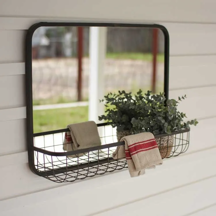 Rectangle Mirror with Wire Basket Shelf