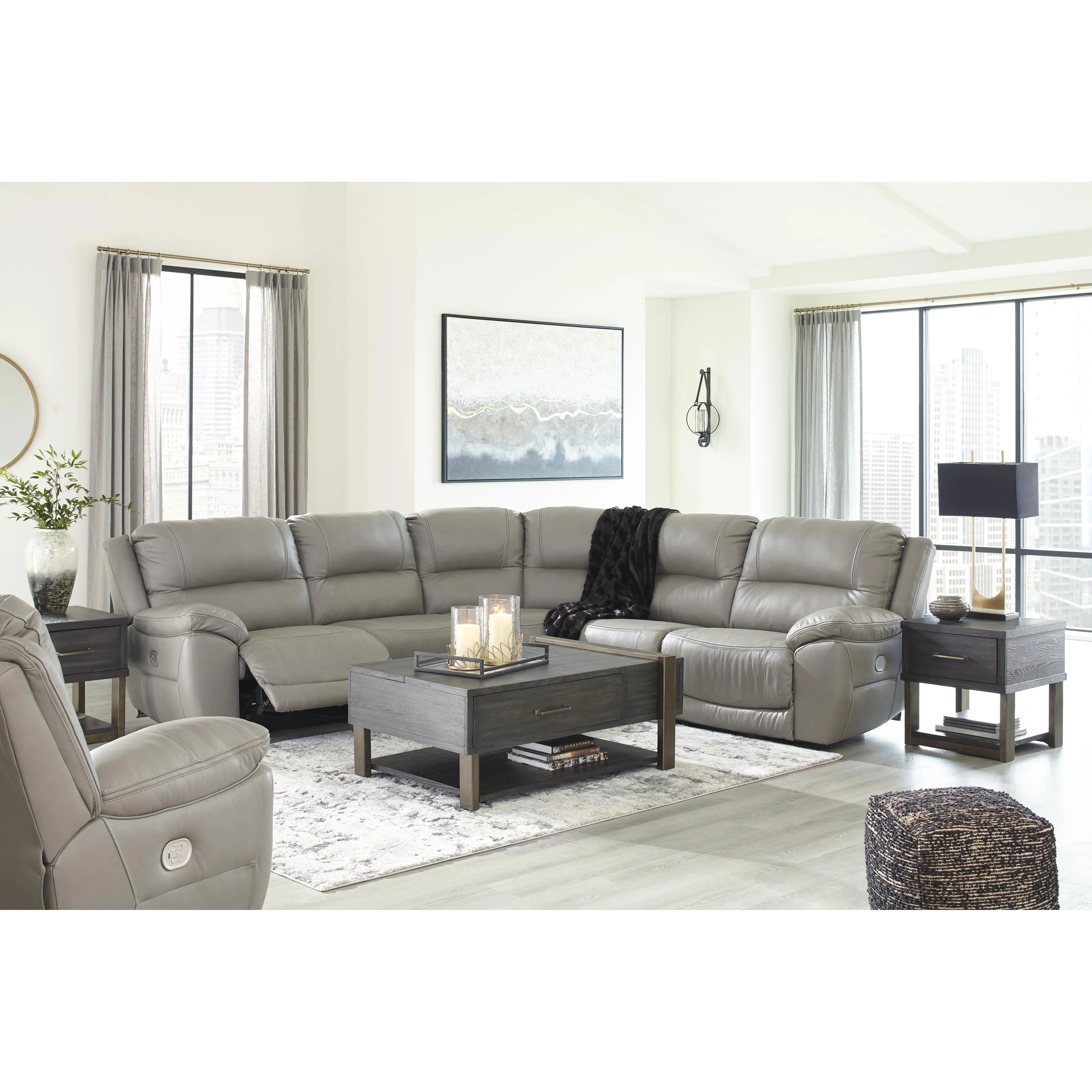 Signature Design by Ashley Dunleith Power Reclining Leather Match 5 pc Sectional U7160558/U7160546/U7160577/U7160546/U7160562