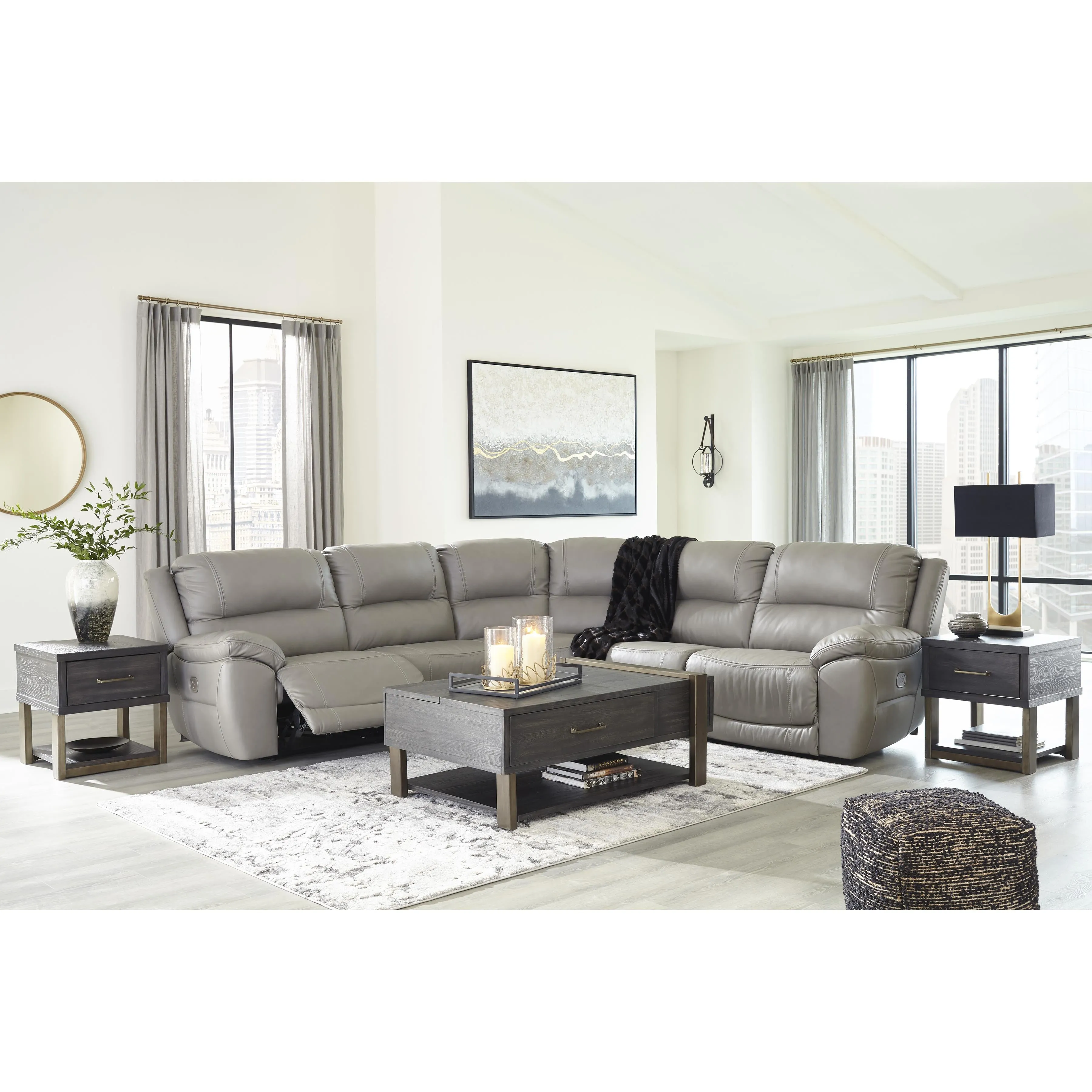 Signature Design by Ashley Dunleith Power Reclining Leather Match 5 pc Sectional U7160558/U7160546/U7160577/U7160546/U7160562