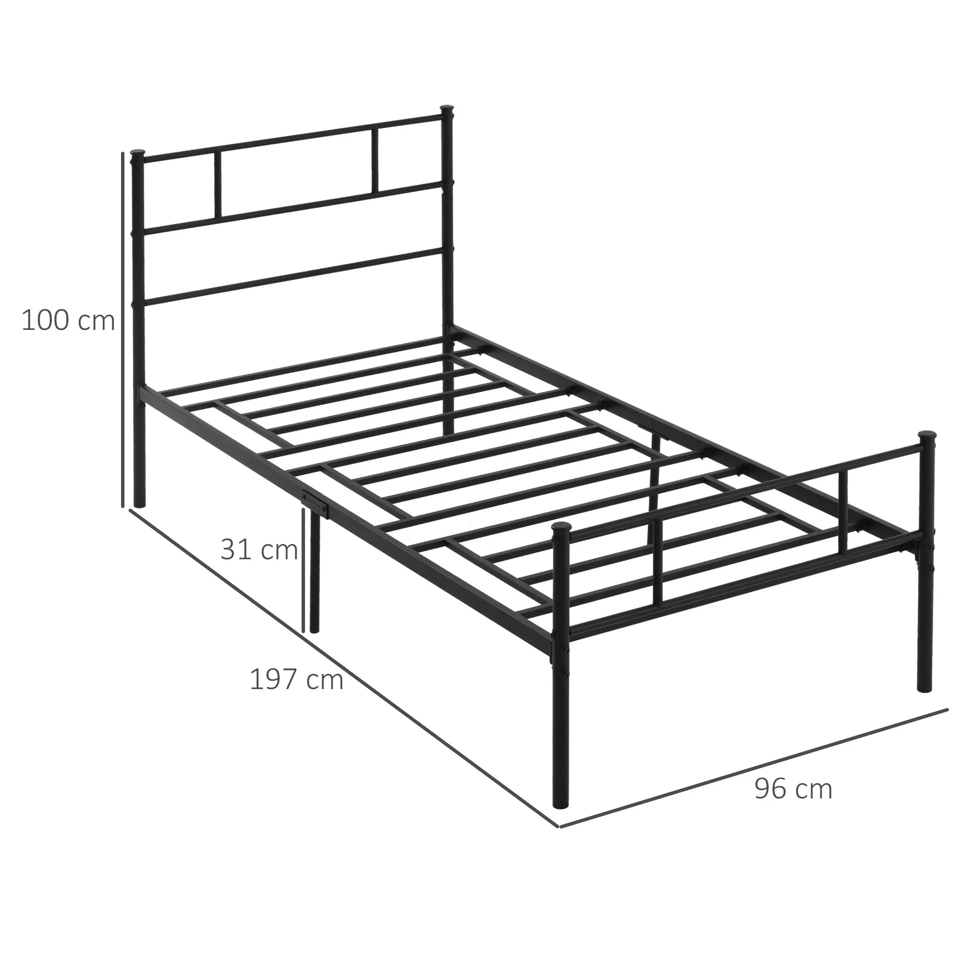 Single Metal Bed Frame Solid Bedstead Base with Headboard and Footboard