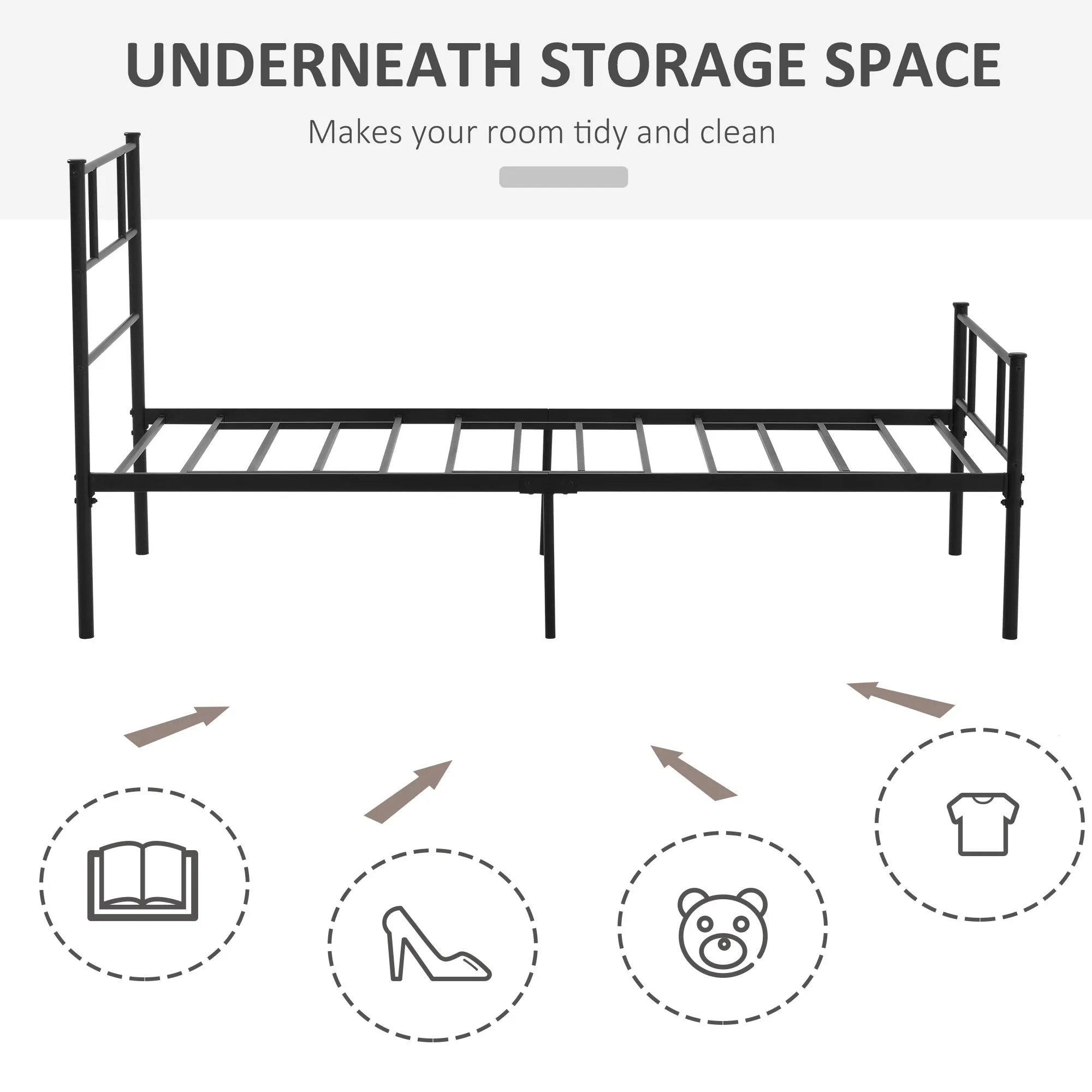 Single Metal Bed Frame Solid Bedstead Base with Headboard and Footboard