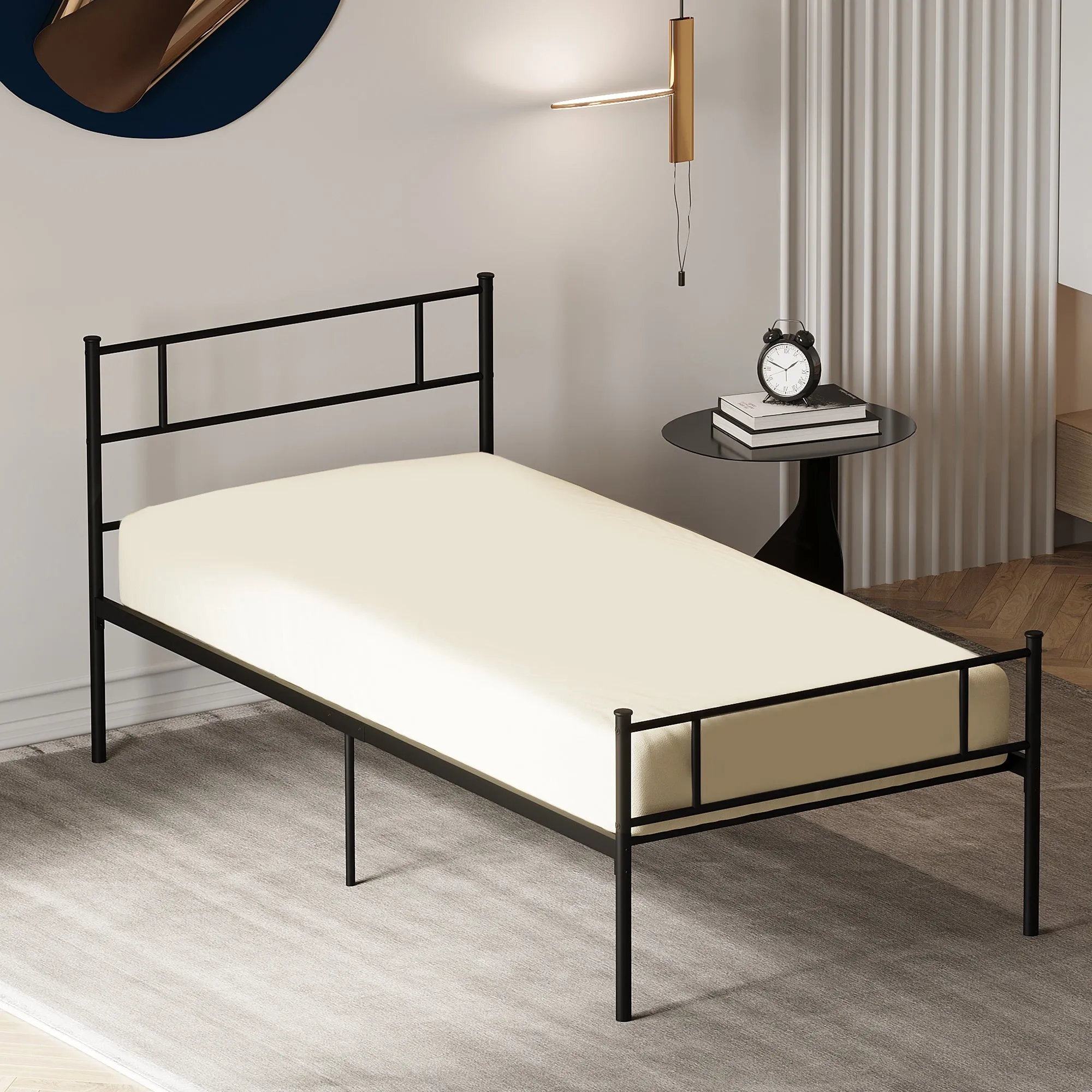 Single Metal Bed Frame Solid Bedstead Base with Headboard and Footboard