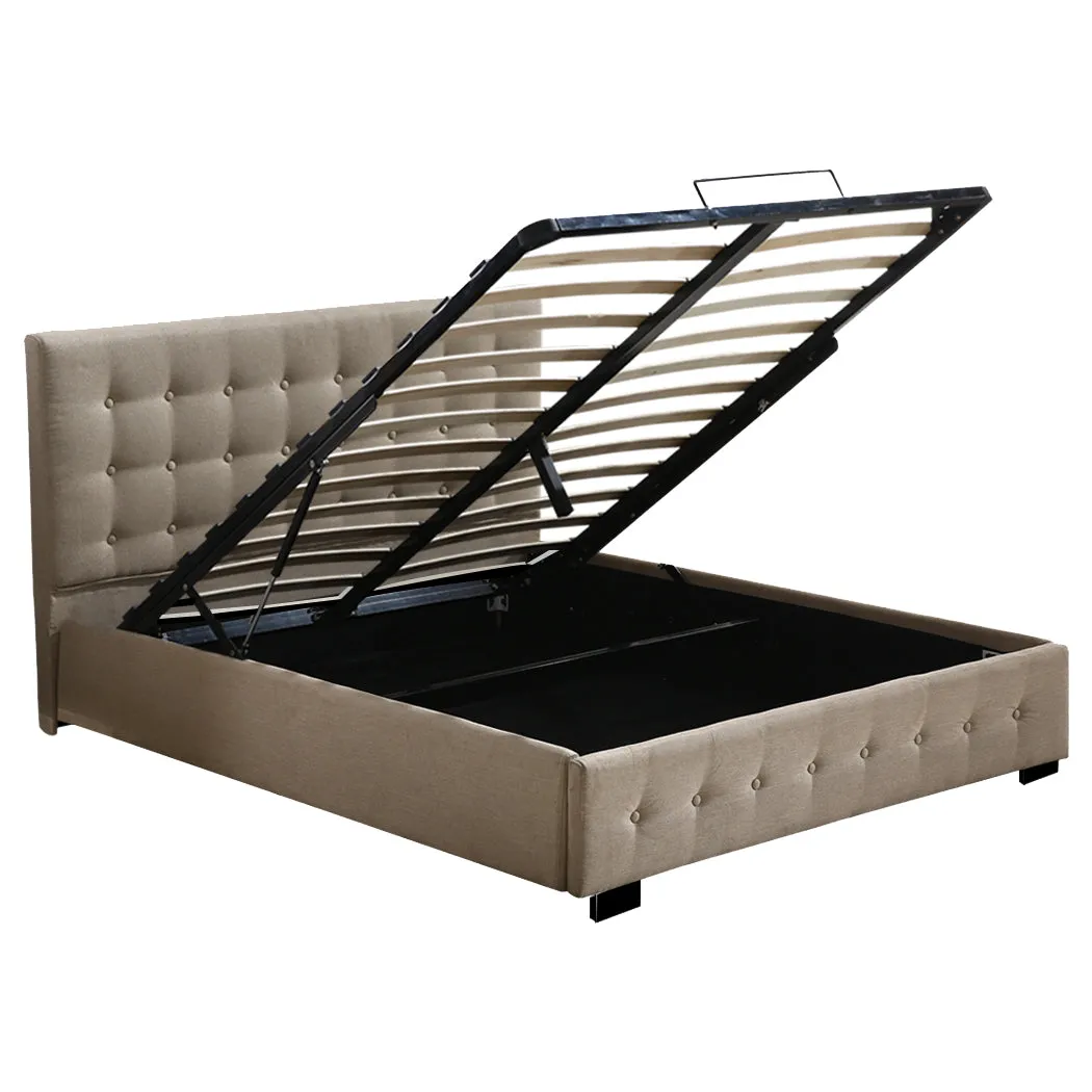 Syke Gas Lift Bed Frame Fabric Base with Storage - Beige Queen