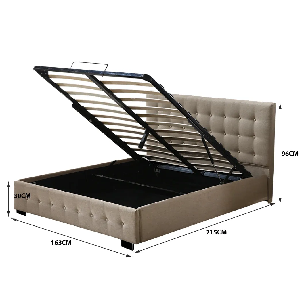 Syke Gas Lift Bed Frame Fabric Base with Storage - Beige Queen