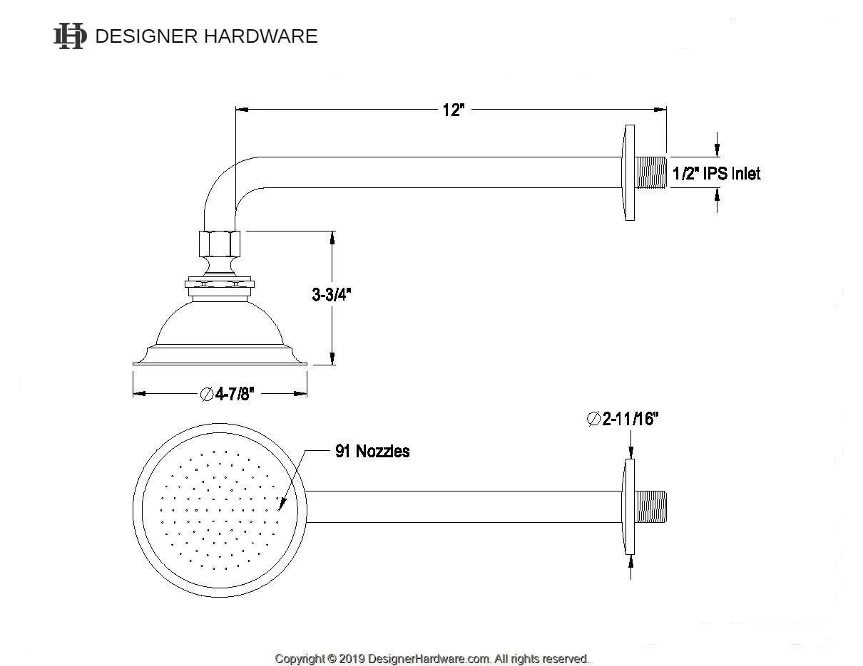 Victorian 4-13/16-Inch Round Raindrop Brass Shower Head with 12-Inch Shower Arm Combo