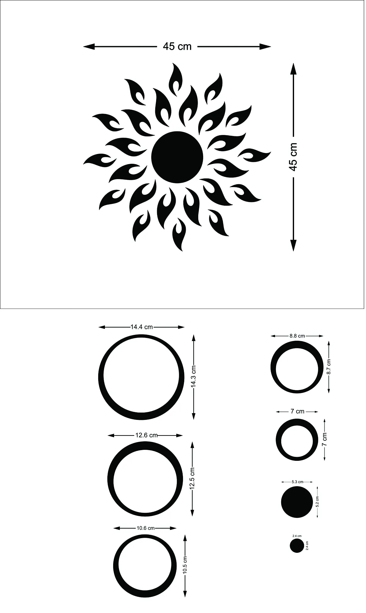 Wall1ders Sun Black Ring Black 2 Set (Sun Size 45 cm x 45 cm), Mirror Stickers for Wall, Acrylic Stickers, Wall Mirror Stickers, Wall Stickers for Bedroom, Hall, Home Offices