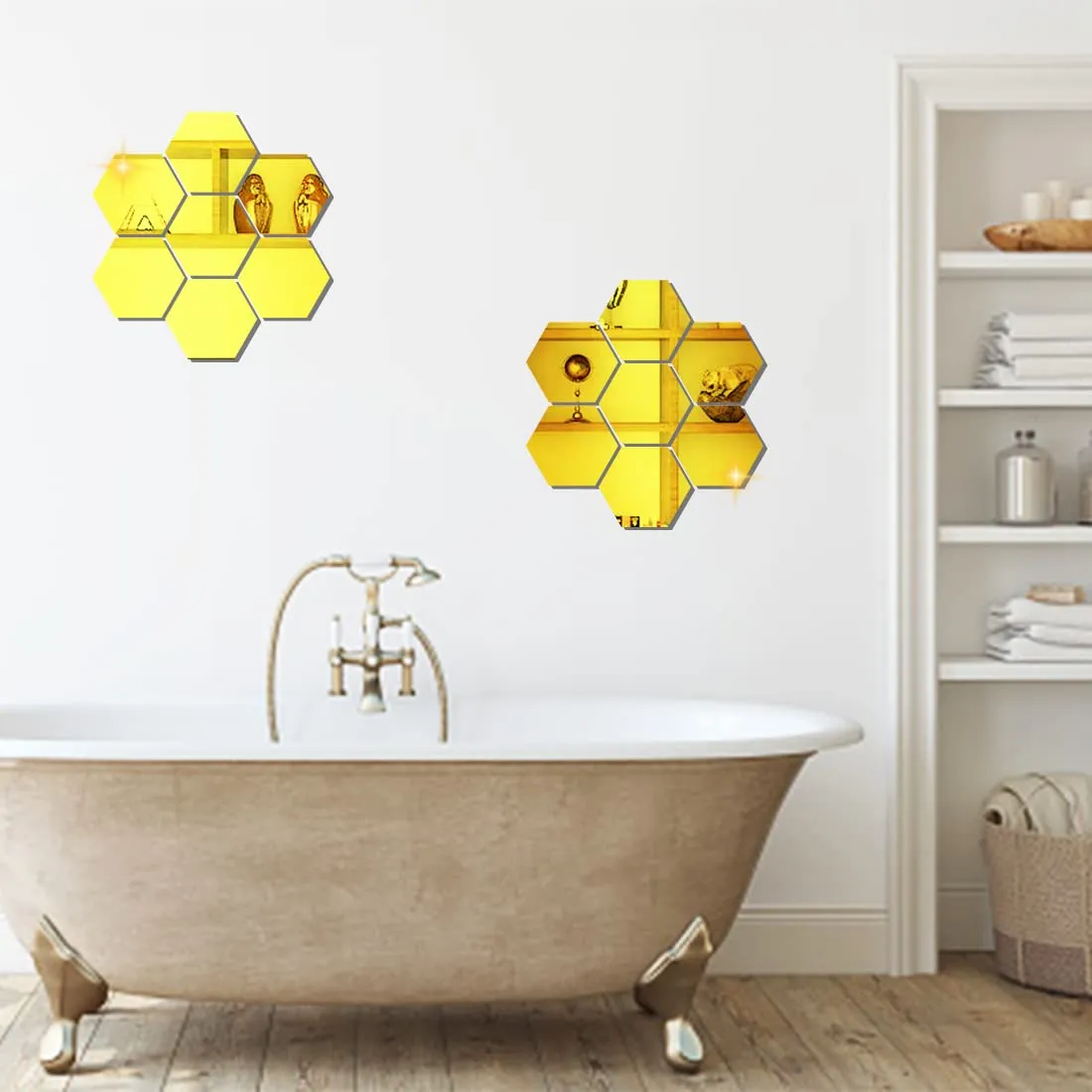 WallWear Mirror Sticker for Home | Mirror Finish Wall Stickers | Pack of 14 (Hexagon Gold) -Self Adhesive Acrylic Sticker, Mirror Stickers for Home & Festivals Decoration