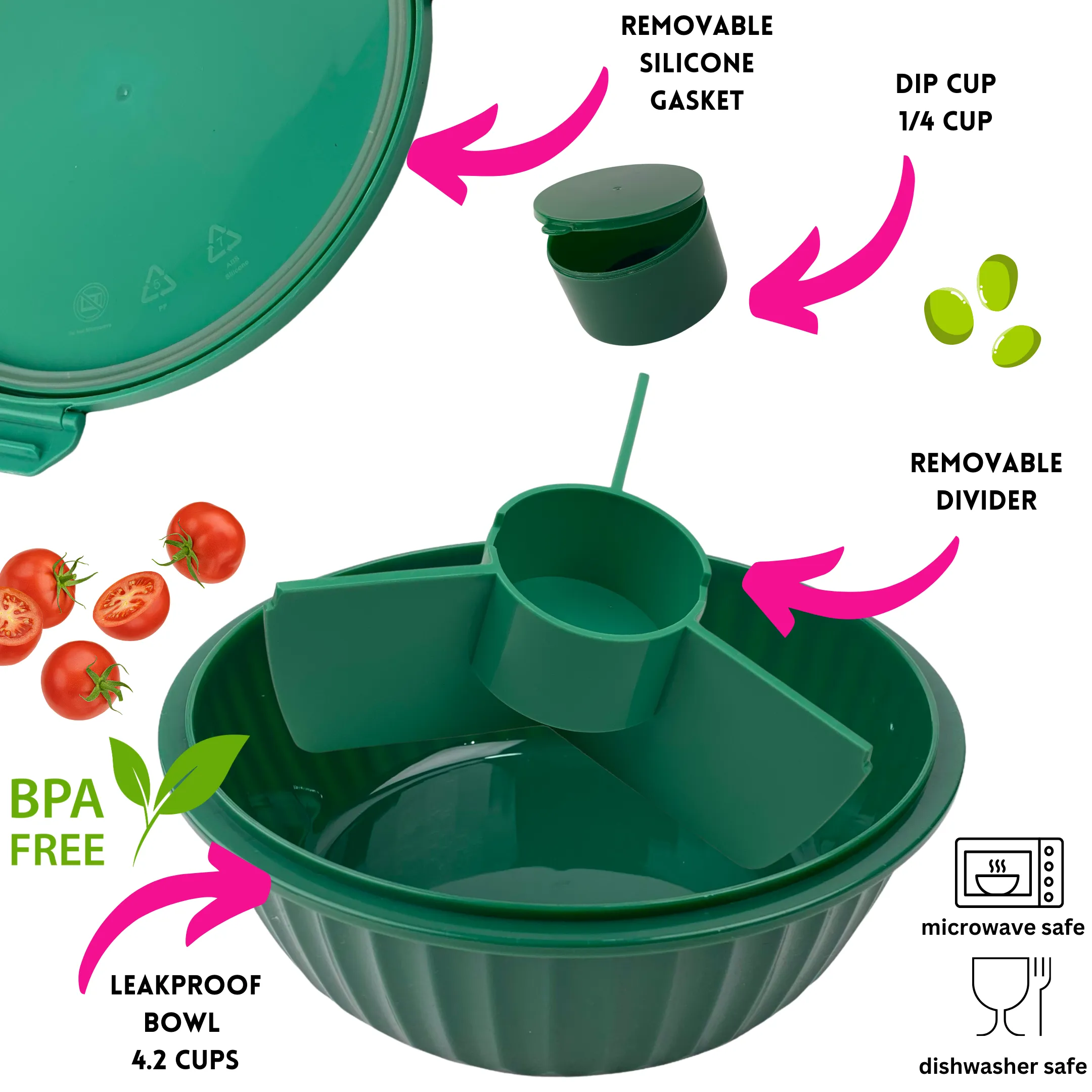 Yumbox - Poke Salad Bowl with Lid and 3 Part Divider - Kale Green